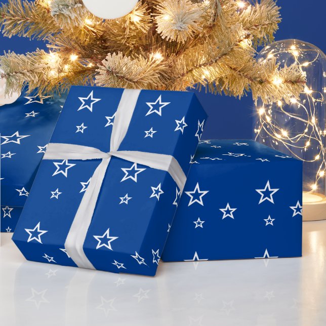 Papel De Presente Padrão de Estrela Branca na Moda Azul (Feriados)