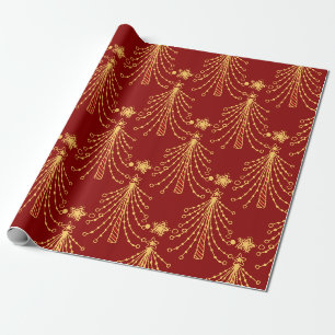 Papel De Presente Padrão de Estrela de Árvore de Natal Vermelho Eleg