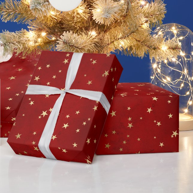 Papel De Presente Padrão de Estrela de Natal Vermelha e Dourada Eleg (Feriados)