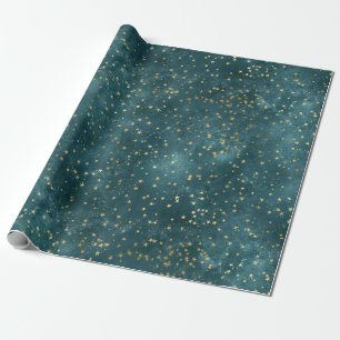 Papel De Presente Padrão de estrela dourada azul esverdeado do céu n