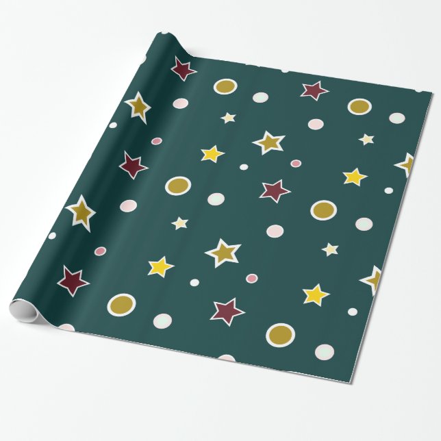 Papel De Presente Padrão de Estrela Festiva em Azul Teal Escuro (Desenrolado)