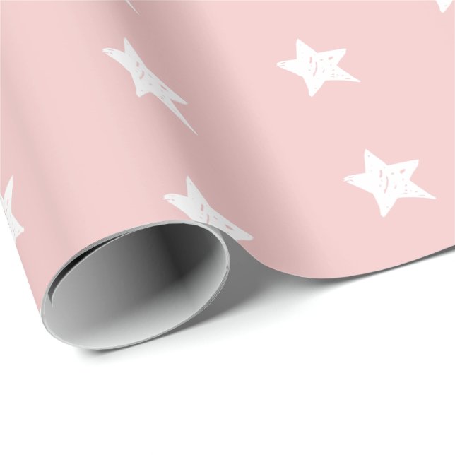 Papel De Presente Padrão de Estrela Rosa e Branco (Ponta do rolo)