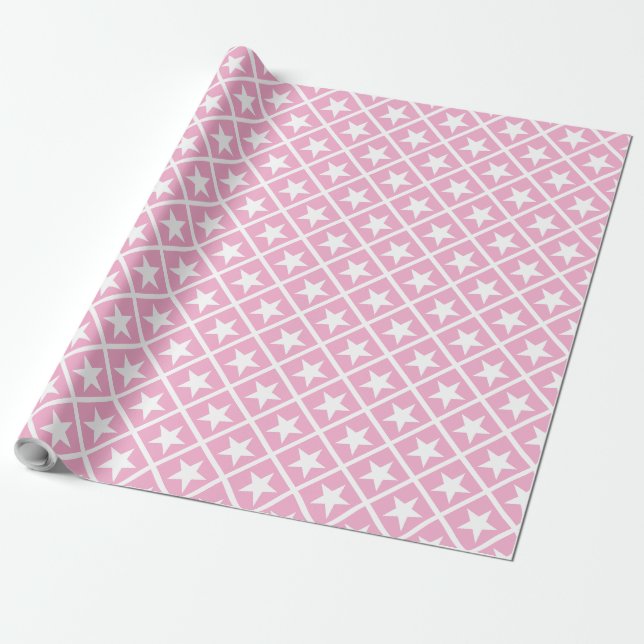 Papel De Presente Padrão de Estrelas Brancas Rosa Presente Fofo Eleg (Desenrolado)