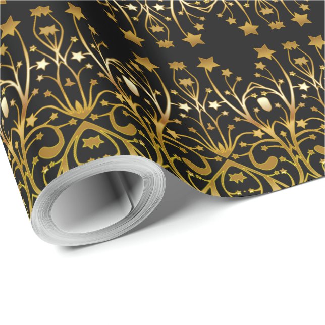 Papel De Presente Padrão de Estrelas Chic Elegantes Douradas Pretas (Ponta do rolo)