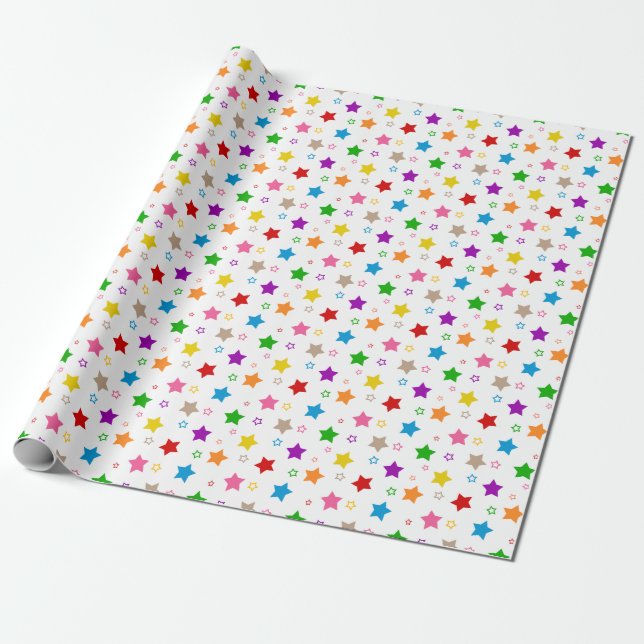 Papel De Presente Padrão de Estrelas Coloridas em Branco  (Desenrolado)