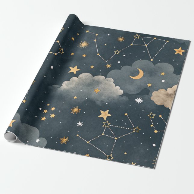 Papel De Presente Padrão de Estrelas da Constelação Celeste (5) (Desenrolado)