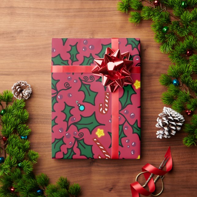 Papel De Presente Padrão de Estrelas de Azevinho de Natal e Bastões  (Presente de Natal)