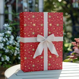 Papel De Presente Padrão de Estrelas de Natal Douradas e Vermelhas