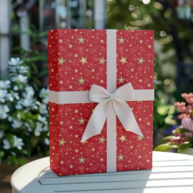 Papel De Presente Padrão de Estrelas de Natal Douradas e Vermelhas (Criador carregado)