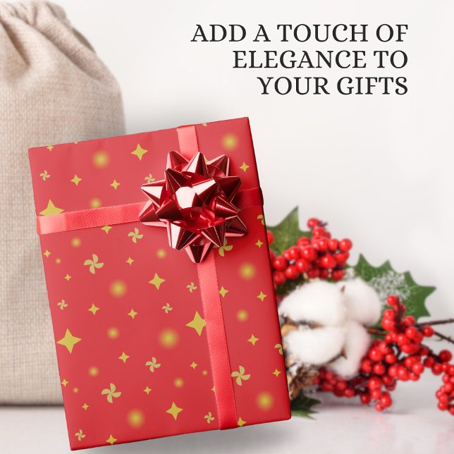 Papel De Presente Padrão de Estrelas Douradas e Pétalas Florais com  (Criador carregado)