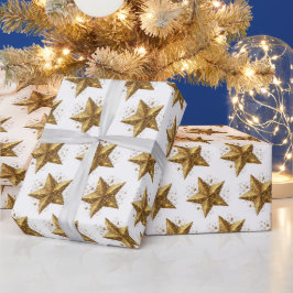 Papel De Presente Padrão de Estrelas Douradas Elegantes Brancas Ano