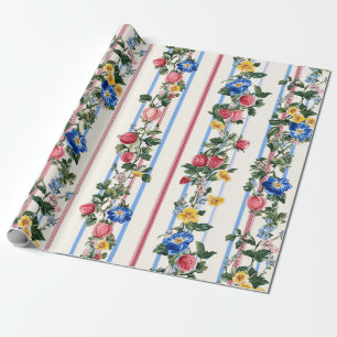 Papel De Presente Padrão de Faixa Floral de Morango Vertical Vintage