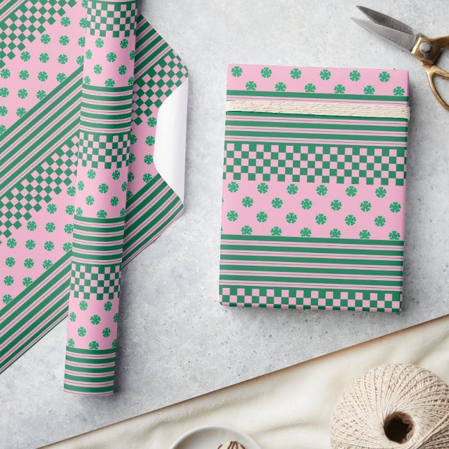 Papel De Presente Padrão de Faixa Floral de Verificação de Boho Verd (Criador carregado)