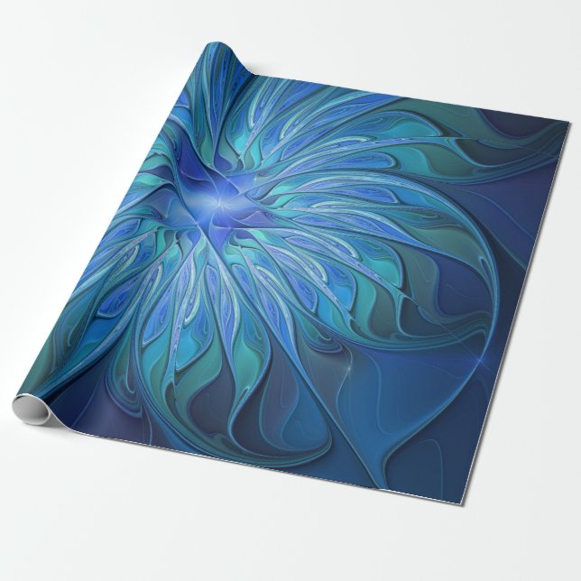 Papel De Presente Padrão de Fantasia de Flor Azul, Arte Fractal Abst (Desenrolado)