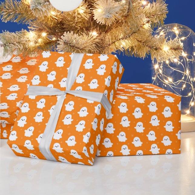 Papel De Presente Padrão de Fantasma Laranja Fofo – Design de Hallow (Feriados)