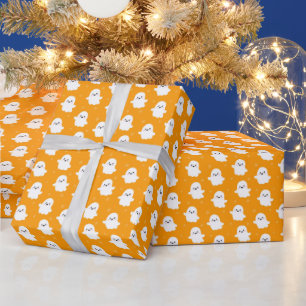 Papel De Presente Padrão de Fantasma Laranja Fofo – Design de Hallow
