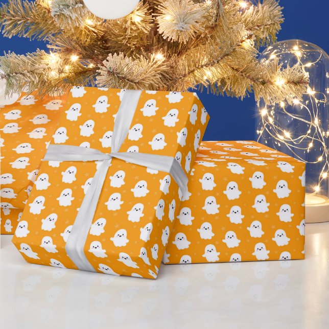 Papel De Presente Padrão de Fantasma Laranja Fofo – Design de Hallow (Feriados)