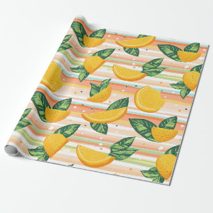 Papel De Presente Padrão de Fatia Laranja com Folhas Verdes no Paste