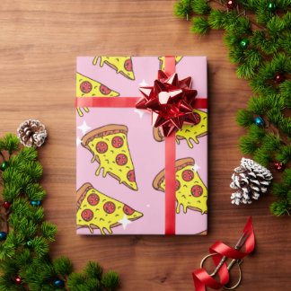 Papel De Presente Padrão de Fatias de Pizza Flutuantes Rosa Pastel