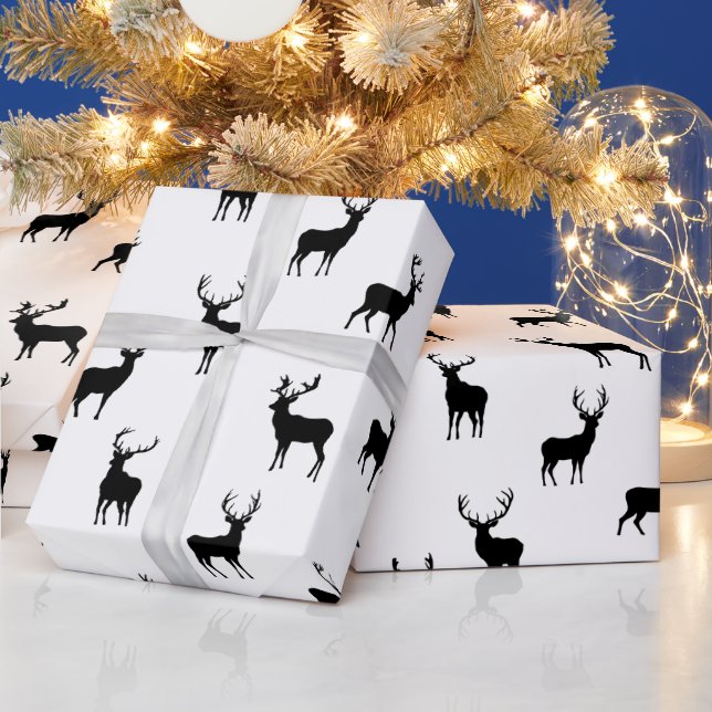 Papel De Presente Padrão de Feriado de Reindeer Preto e Branco (Feriados)