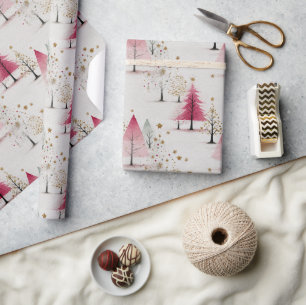 Papel De Presente Padrão de Férias de Árvore & Floco de Neve Estiliz