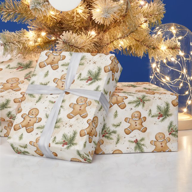 Papel De Presente Padrão de Férias de Gengibre Fantasioso e Pinheiro (Feriados)