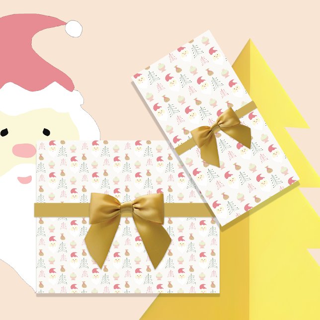 Papel De Presente Padrão de Férias do Papai Noel Rosa Fofo (Criador carregado)