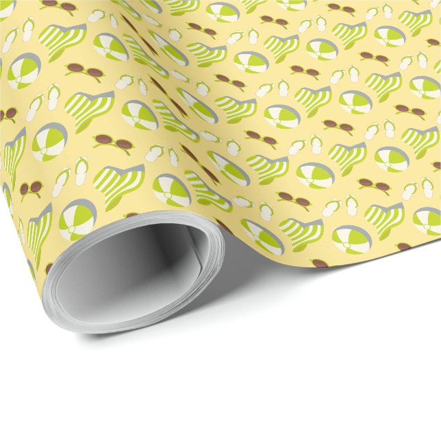 Papel De Presente Padrão de férias em praia com óculos de sol e chap (Ponta do rolo)