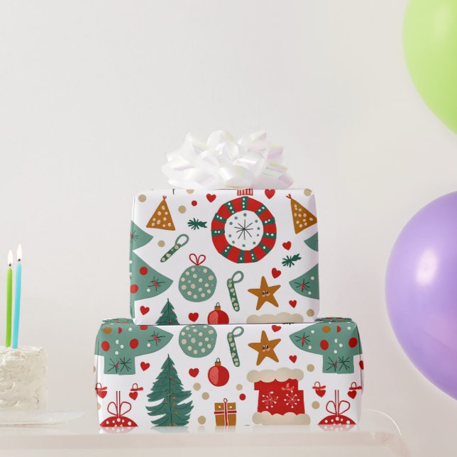 Papel De Presente Padrão de Férias Feliz com Ícones Festivos (Presentes para festas)