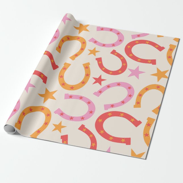 Papel De Presente Padrão de ferraduras retrô com estrelas em laranja (Desenrolado)