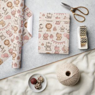 Papel De Presente Padrão de Festa de Animais Adoráveis – Rosa e Bege