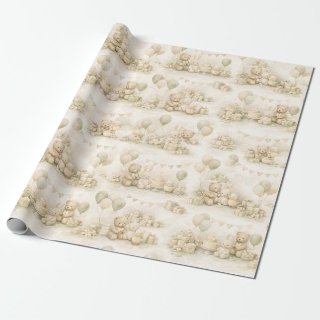 Papel De Presente Padrão de festa de chá de bebê neutro com ursinho  (Desenrolado)