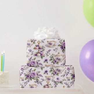Papel De Presente Padrão de Festa de Chá Roxo Vintage |