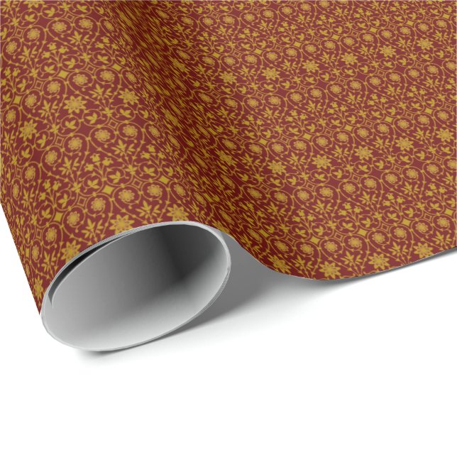 Papel De Presente Padrão de Filigrana Vermelho e Dourado Escuro  (Ponta do rolo)