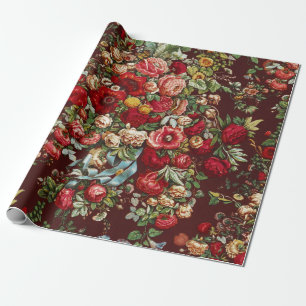 Papel De Presente Padrão de Fita Floral Rosa Vitoriana Borgonha Escu