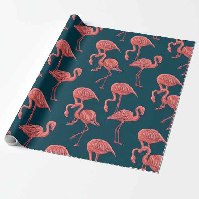 Papel De Presente Padrão de flamingo coral vivo (Desenrolado)