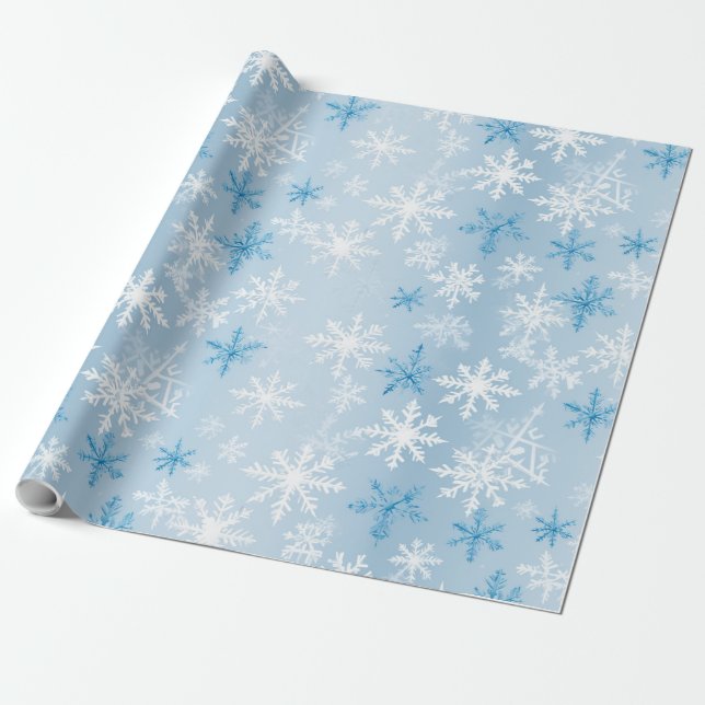 Papel De Presente Padrão de Floco de Neve de Inverno Azul e Branco (Desenrolado)