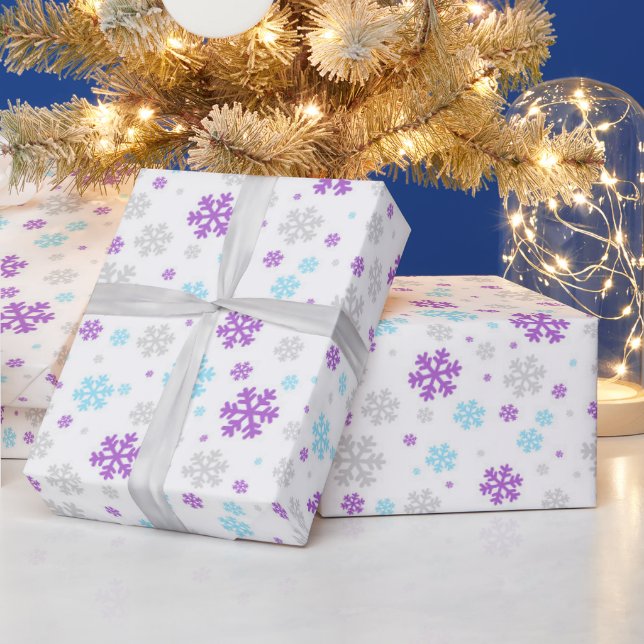 Papel De Presente Padrão de Floco de Neve de Inverno Azul Roxo Cinza (Feriados)