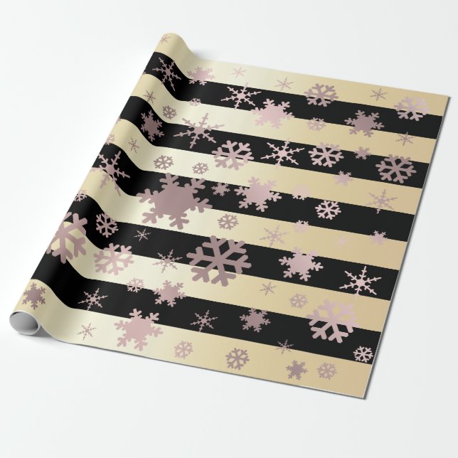 Papel De Presente Padrão de floco de neve de Natal Dourado e preto (Desenrolado)