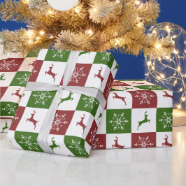 Papel De Presente Padrão de floco de neve de renas vermelhas e verde