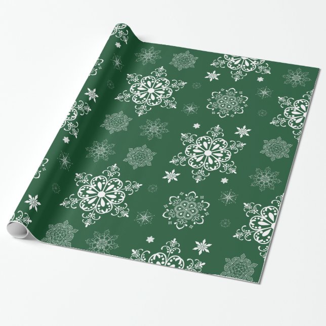 Papel De Presente Padrão de Floco de Neve Verde e Branco (Desenrolado)