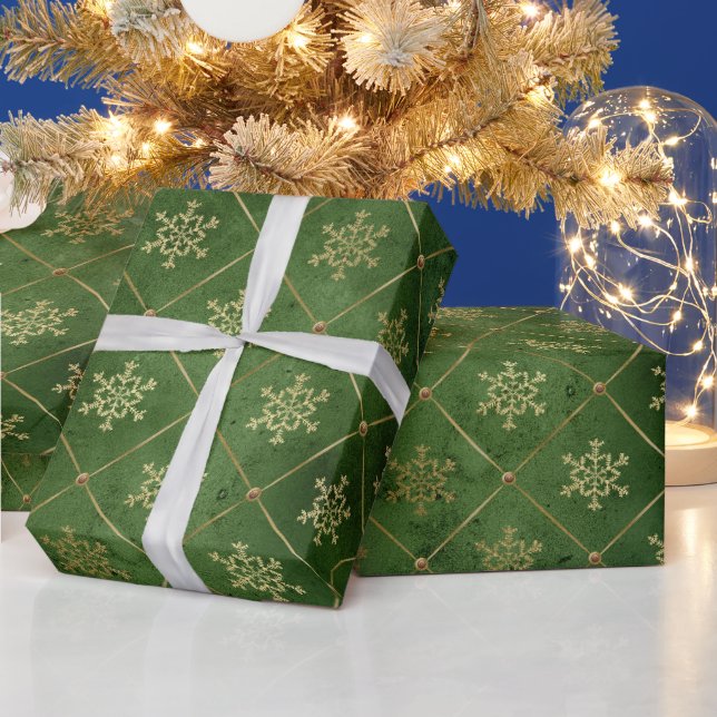 Papel De Presente Padrão de Floco de Neve Verde Elegante com Acentos (Feriados)