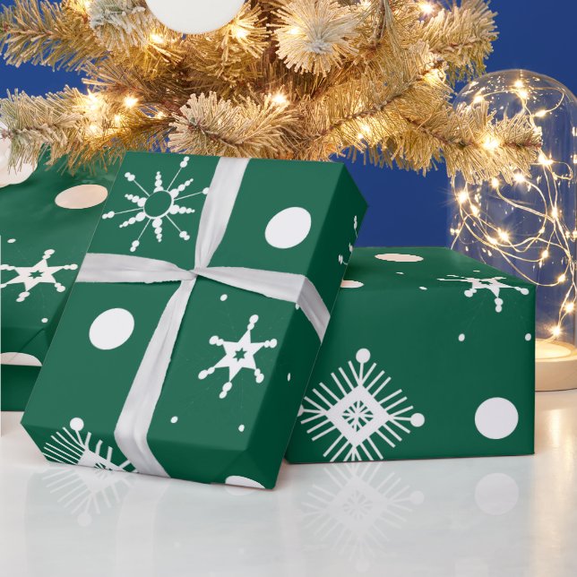 Papel De Presente Padrão de Flocos de Neve Brancos Verdes (Feriados)