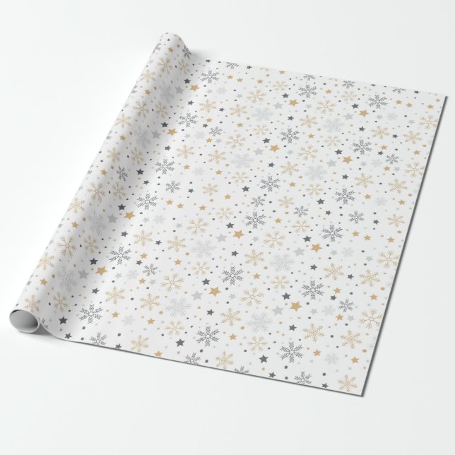 Papel De Presente Padrão de Flocos de Neve Cinza e Amarelo (Desenrolado)
