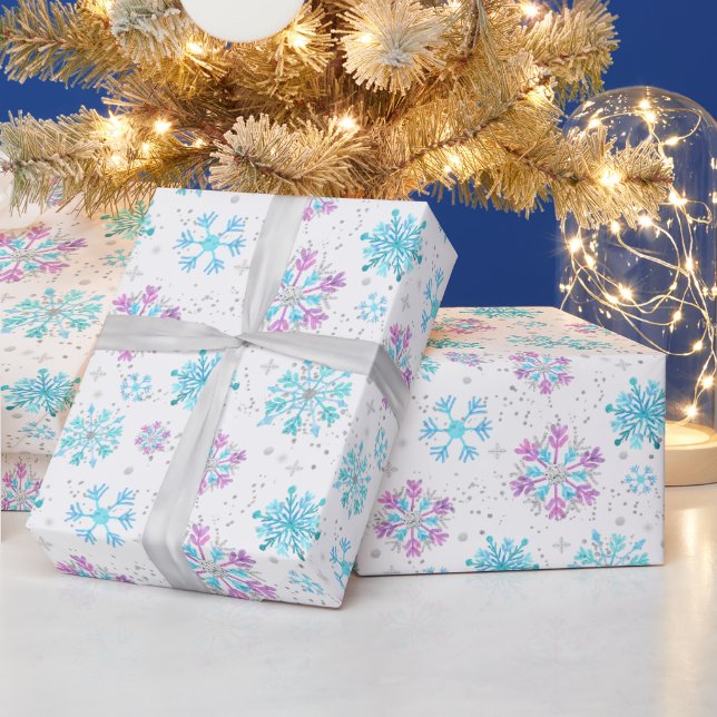 Papel De Presente Padrão de Flocos de Neve de Inverno Roxo e Azul (Feriados)