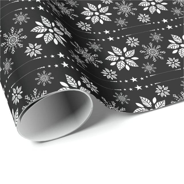 Papel De Presente Padrão De Flocos De Neve De Natal Branco E Preto (Ponta do rolo)