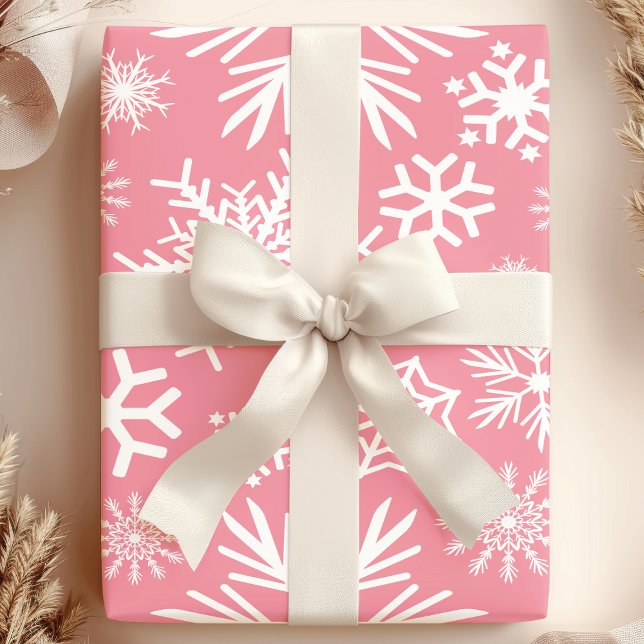 Papel De Presente Padrão de Flocos de Neve de Natal Rosa e Branco de (Criador carregado)