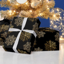 Papel De Presente Padrão de Flocos de Neve Dourados Elegantes Preto