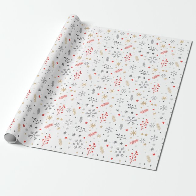 Papel De Presente Padrão de Flocos de Neve e Plantas no Branco (Desenrolado)