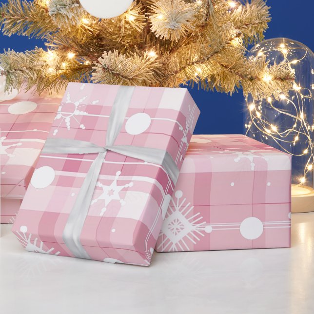 Papel De Presente Padrão de flocos de neve xadrez de Natal rosa (Feriados)